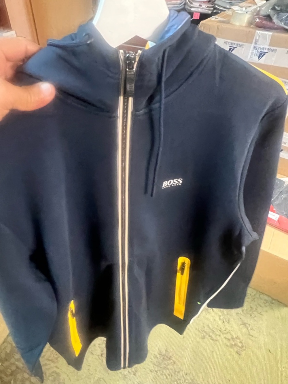 BOSS Colorblock Pullover Hoodie in Navy, Yellow & White